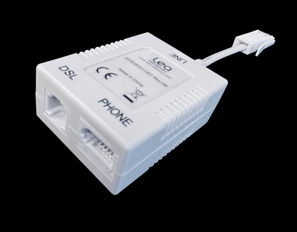 White adapter filter with LINE plug, DSL port, and Phone port