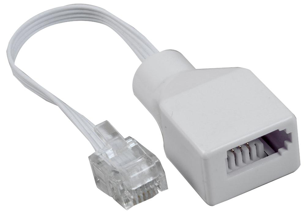 Handset adapter with a small phone plug on one end and a white UK phone socket on the other